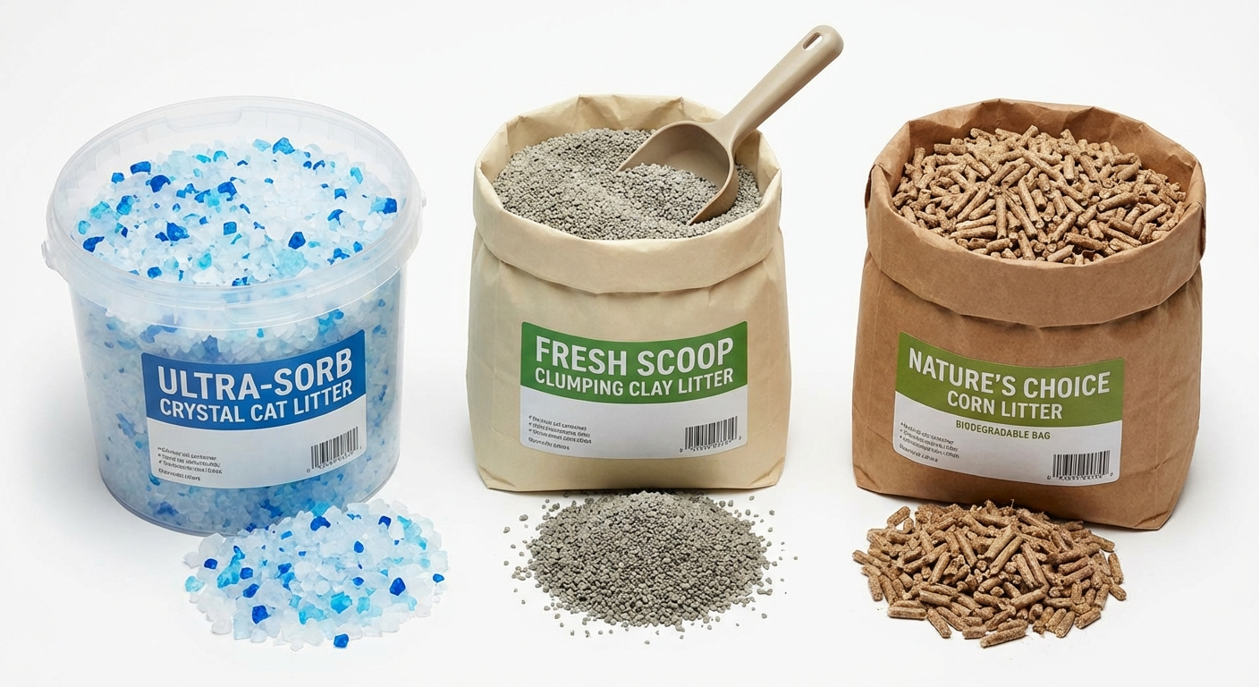 Three different cat litter types set up in identical litter boxes during real-home odour control testing