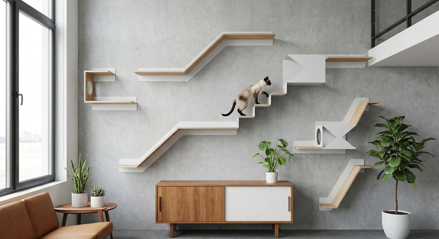Wall-mounted cat shelves creating a pathway across an apartment wall