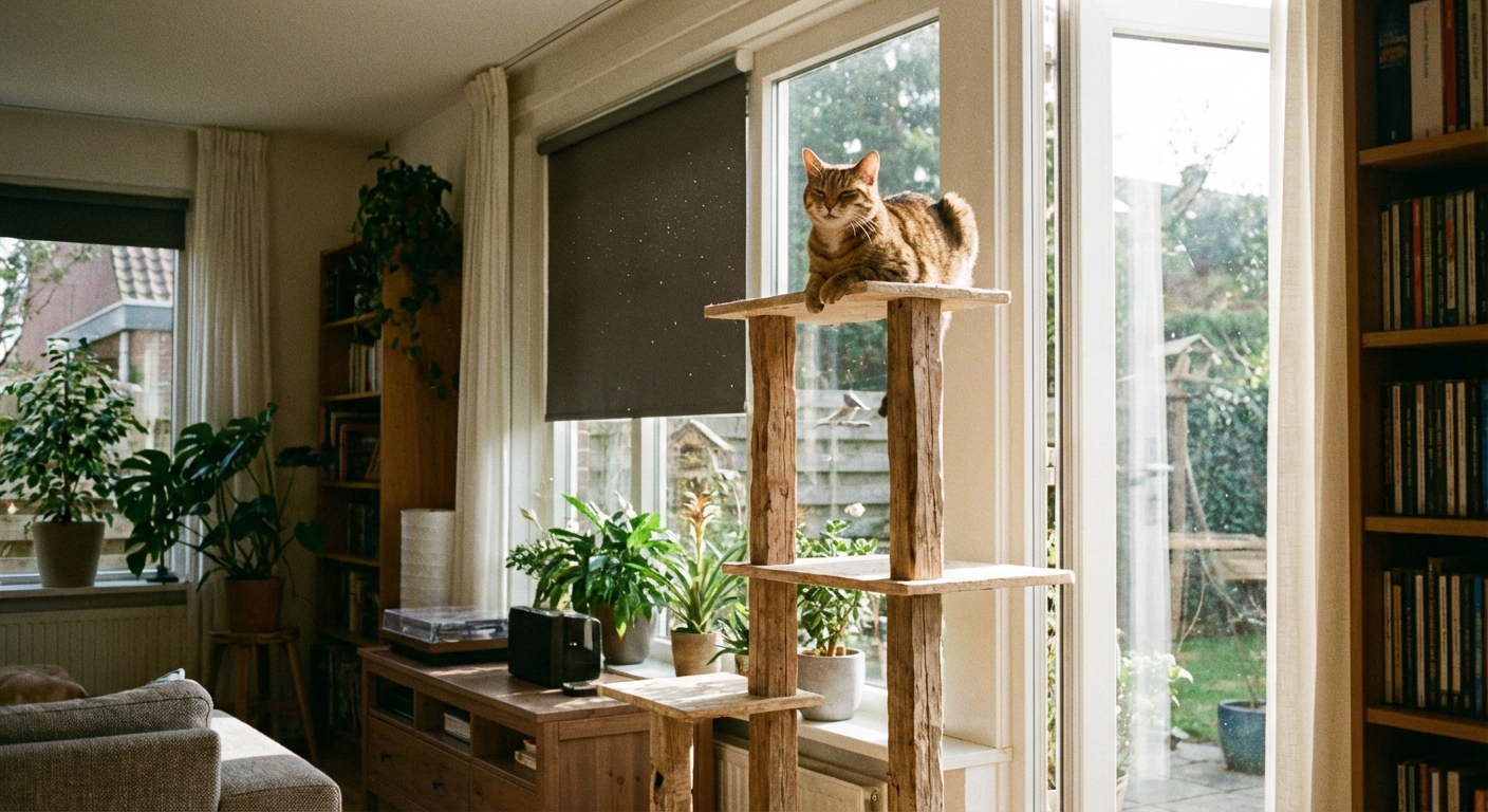 Cat on top level of tall cat tree looking out window, feline enrichment behavioral needs