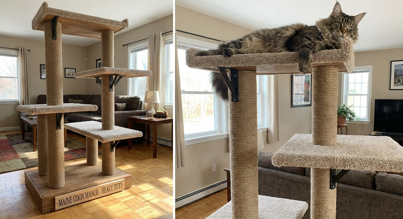 Cat tree for large Maine Coon or Ragdoll cat showing wide reinforced platforms