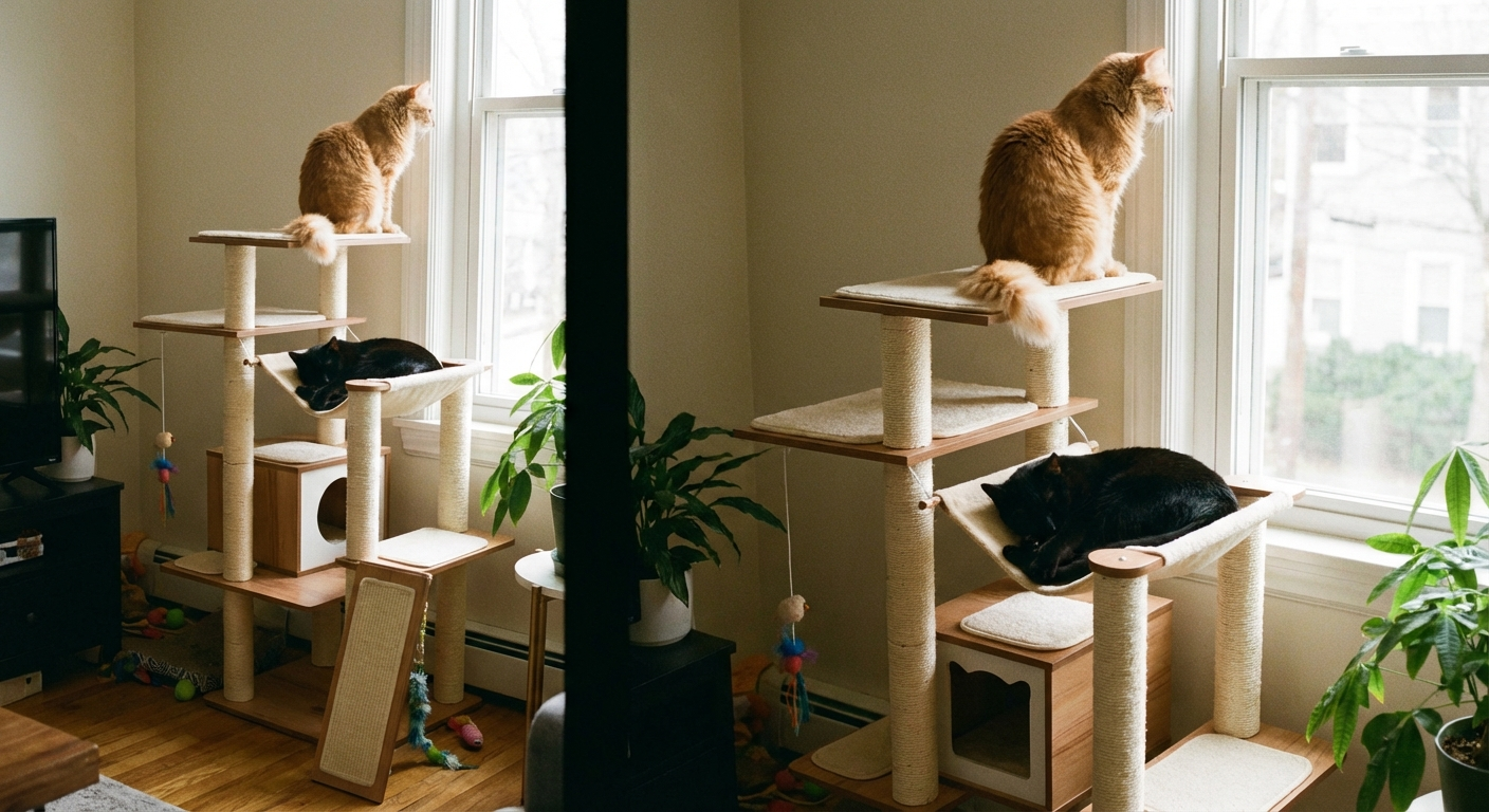 Multi-cat household with two cats using different levels of the same cat tree