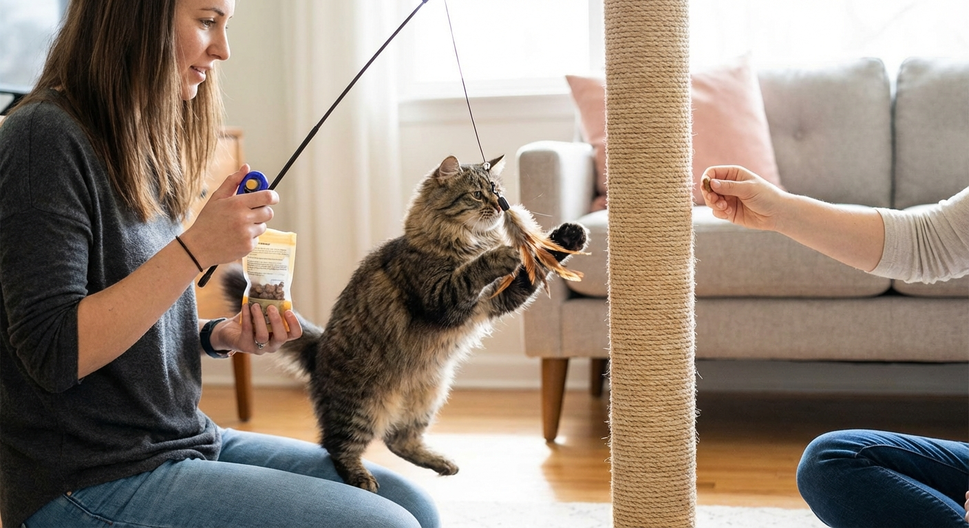 Cat using wand toy near scratching post, demonstrating positive association training