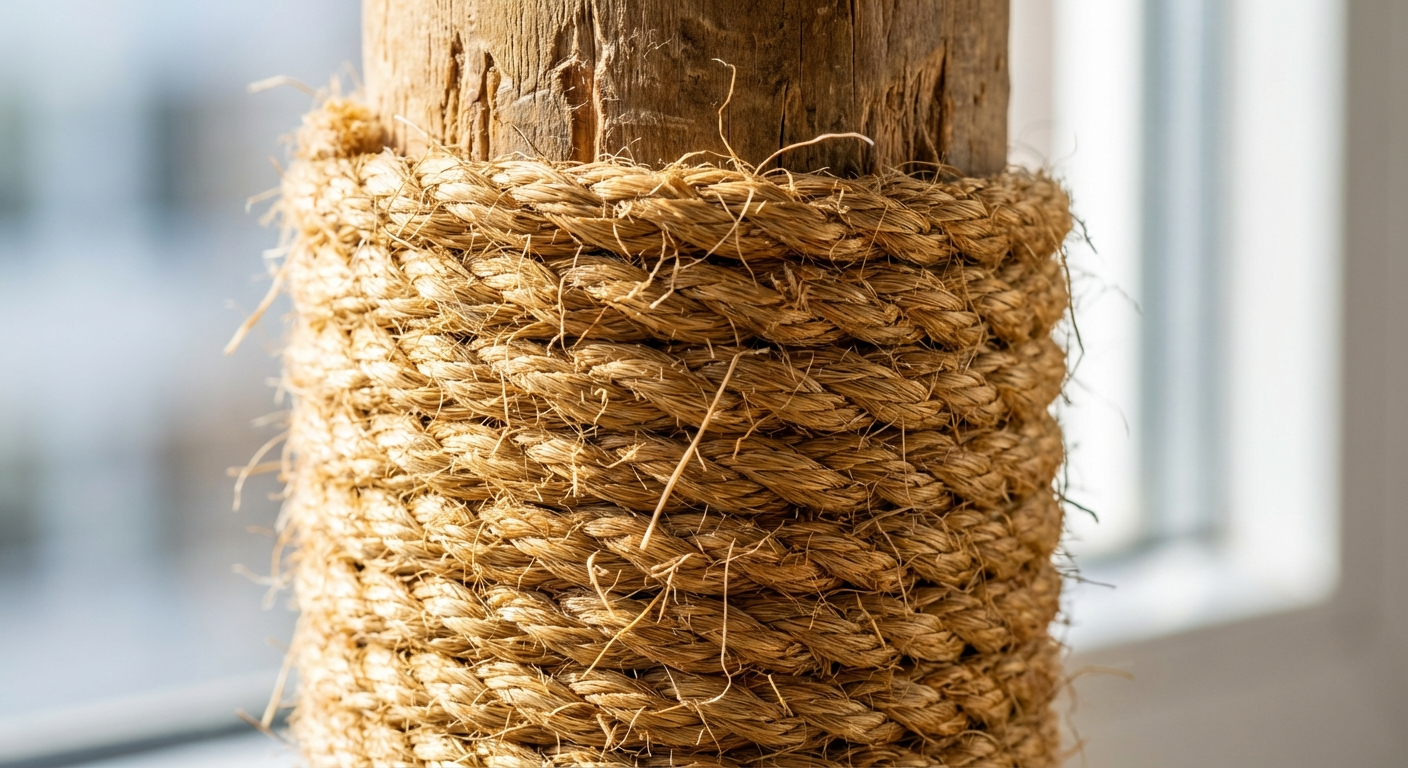Close-up of sisal rope wrapped scratching post showing texture and durability