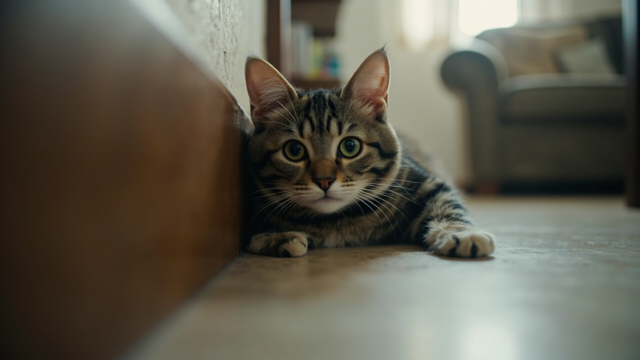 Anxious cat showing fearful body language pressed against a wall