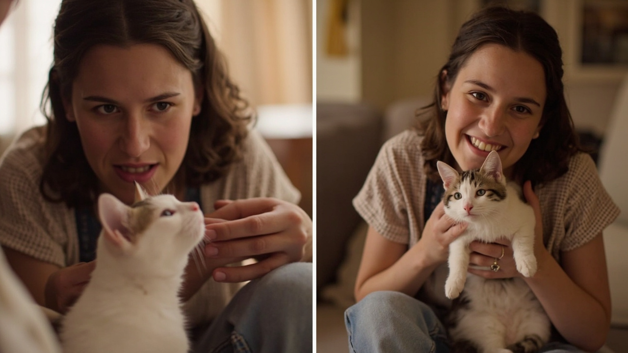 Two-panel image showing concerned owner reaching toward hiding cat, and same pair calmly together after treatment