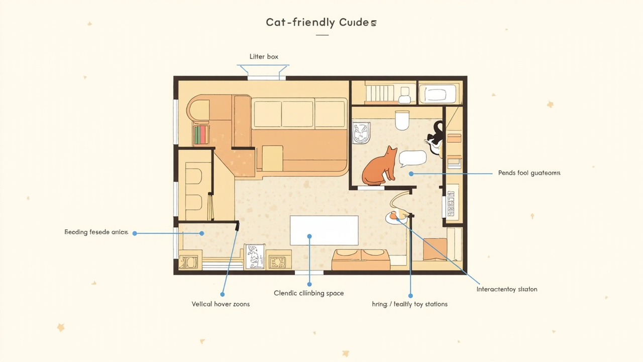 Floor plan illustration showing optimal cat room layout with enrichment zones and resource placement