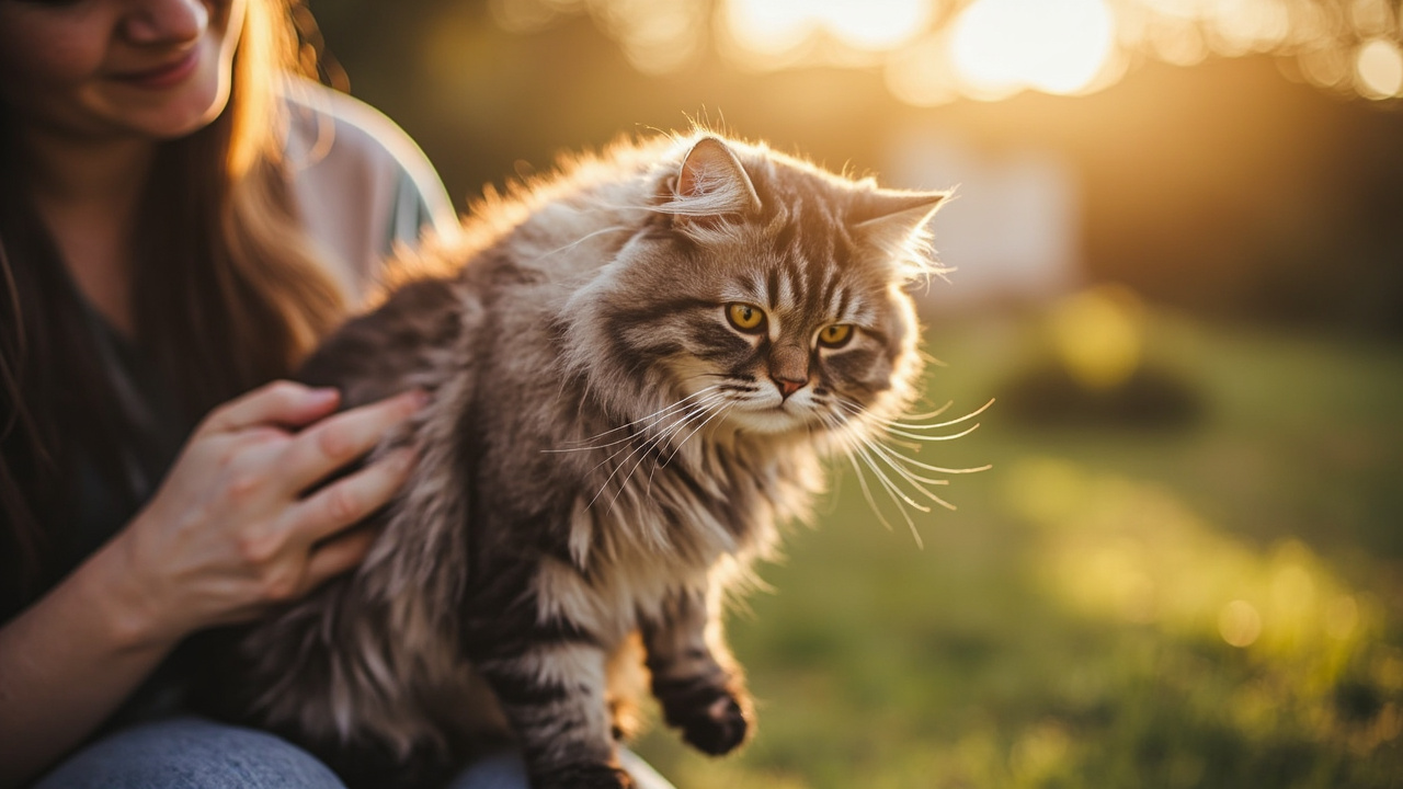 Cat being brushed by owner outdoors