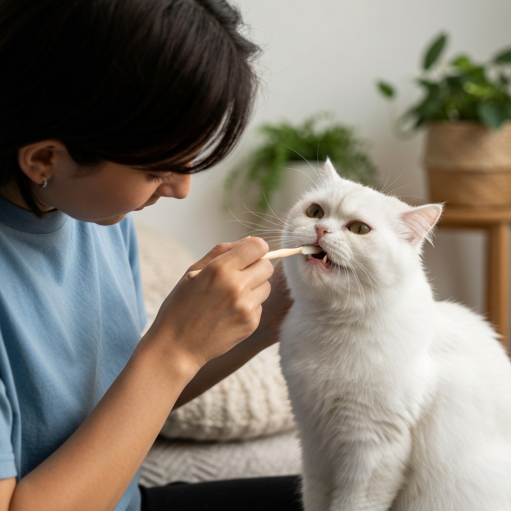 Cat dental care hero image showing toothbrush dental gel and dental treats for cats