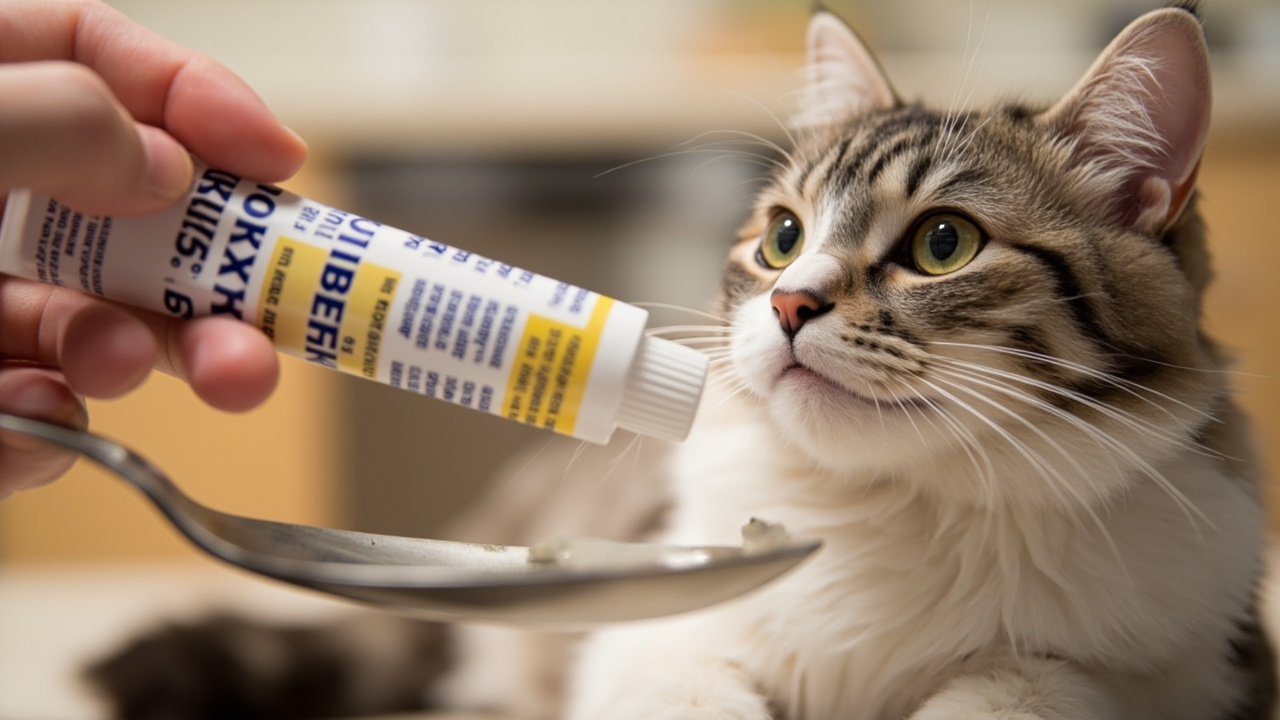 Cat accepting hairball gel mixed with wet food