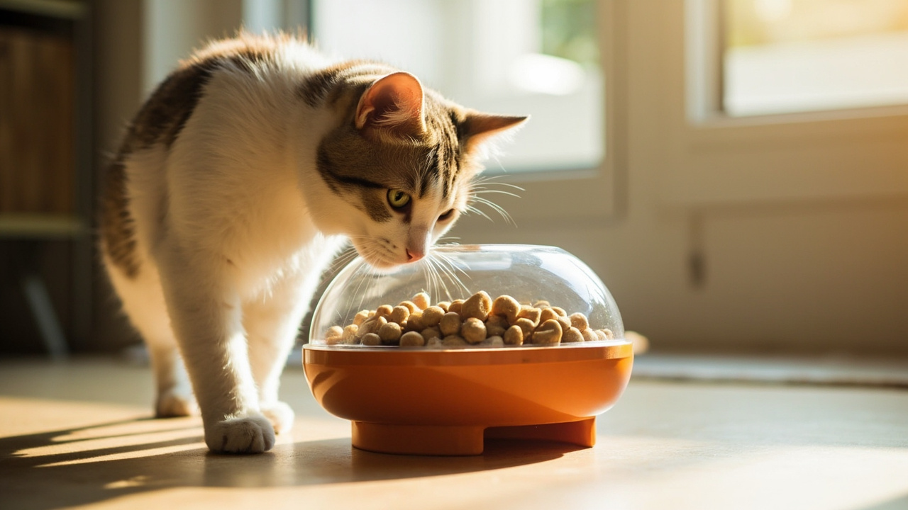 Cat using puzzle feeder indoors