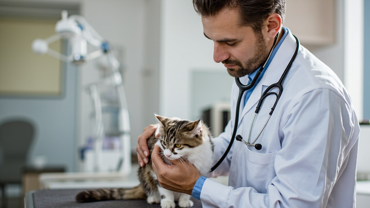 Veterinarian examining a cat