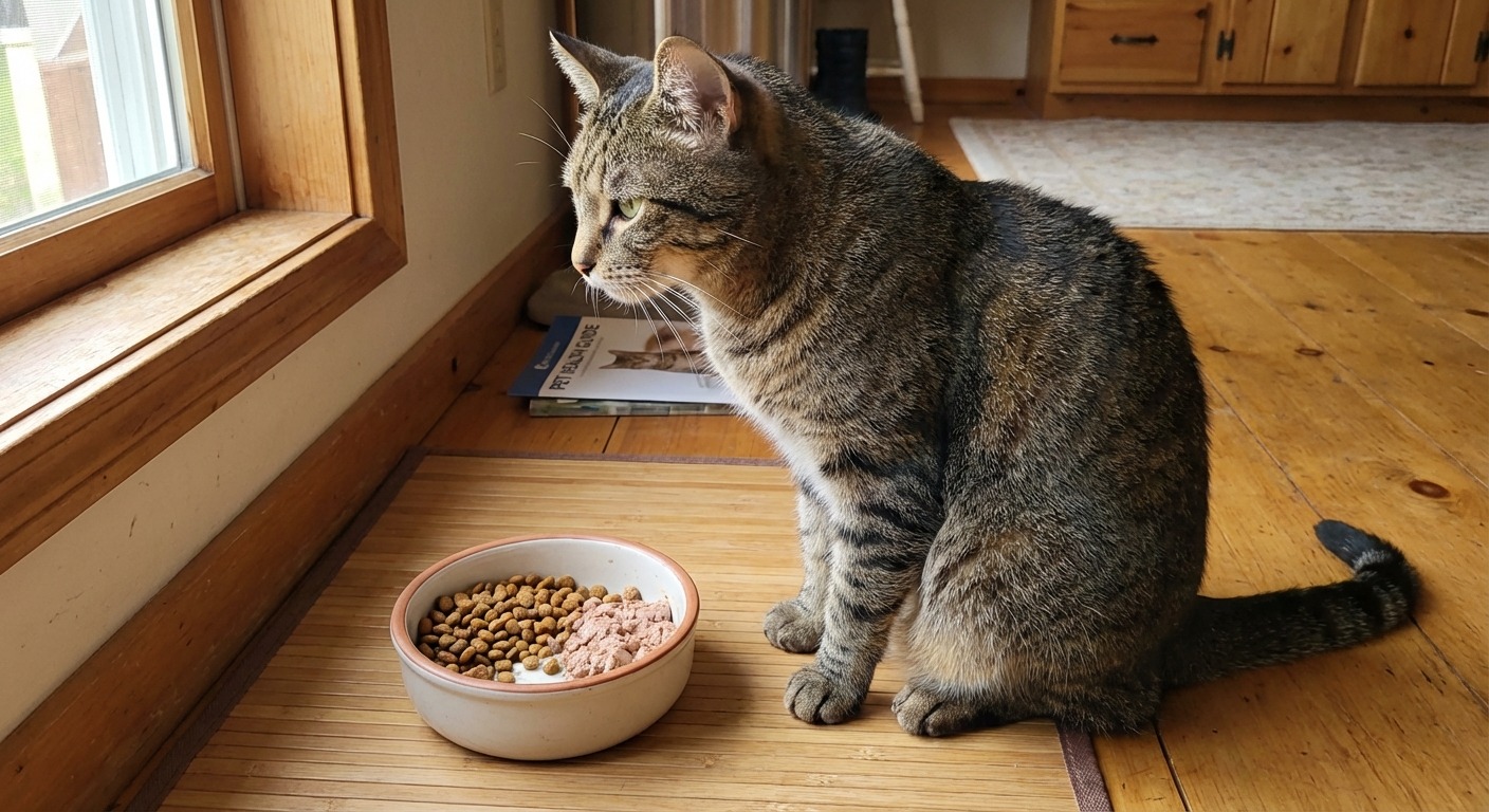Cat sitting next to untouched food bowl