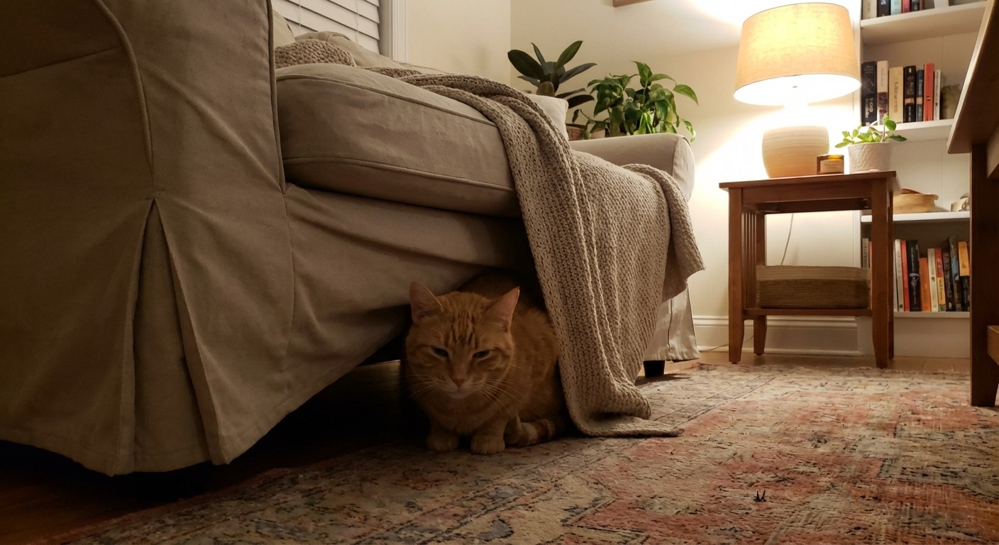 Cat hiding under furniture showing subtle signs of pain