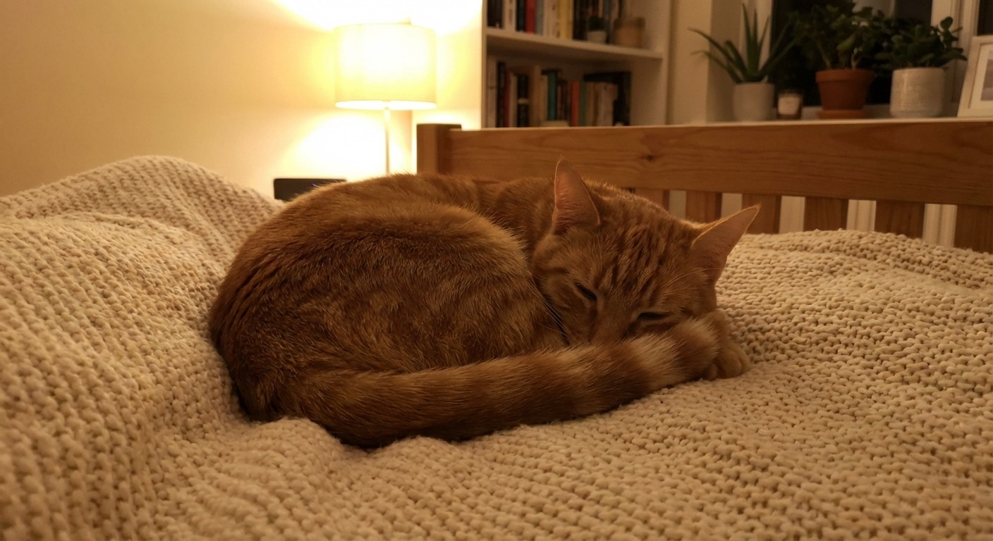 Cat in protective curled posture on blanket