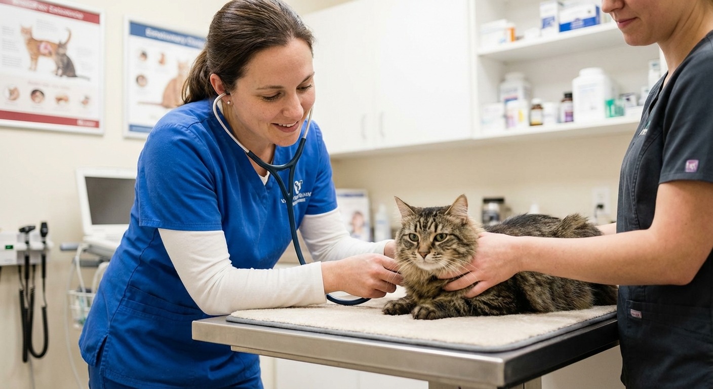 Veterinarian examining a cat