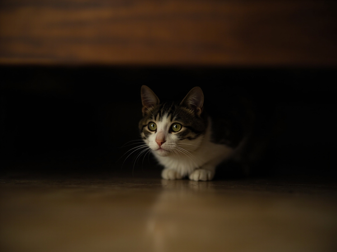 Illustration of a cat hiding under furniture — a classic pain response