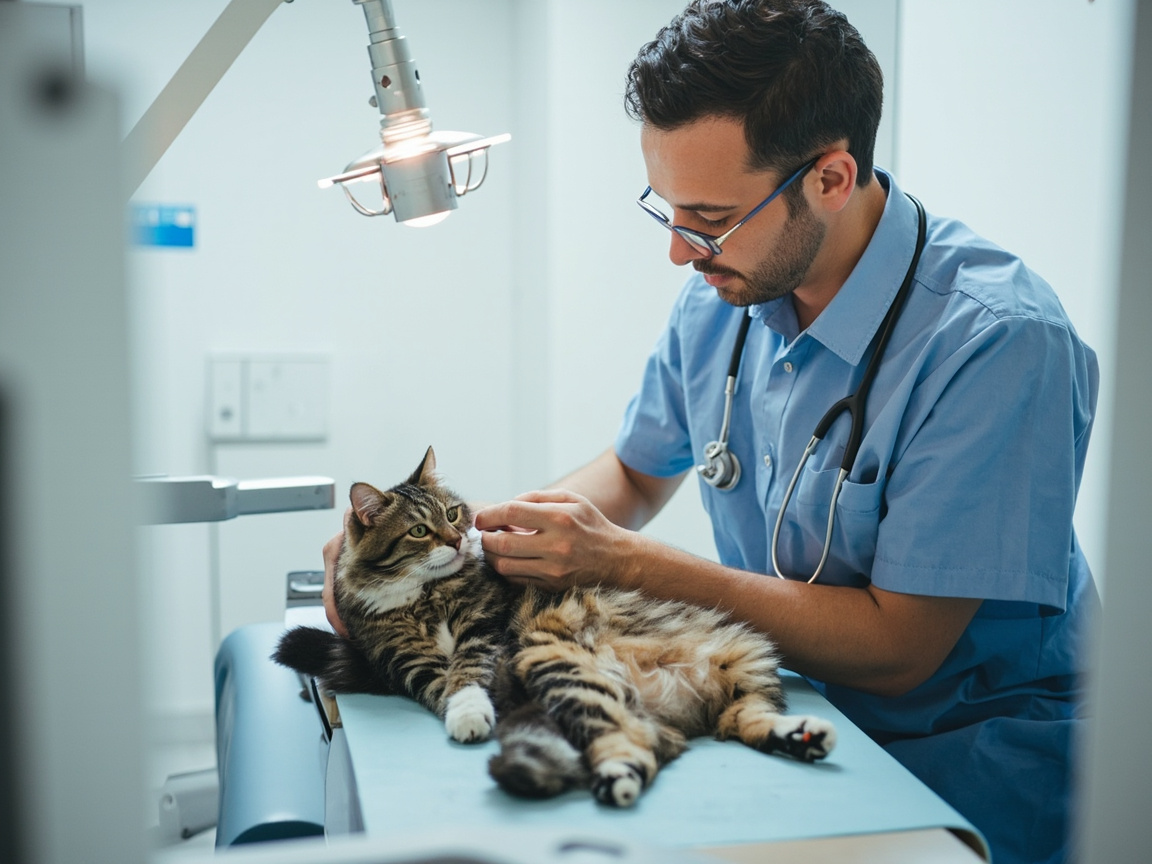 Veterinary clinic consultation scene with a cat being examined