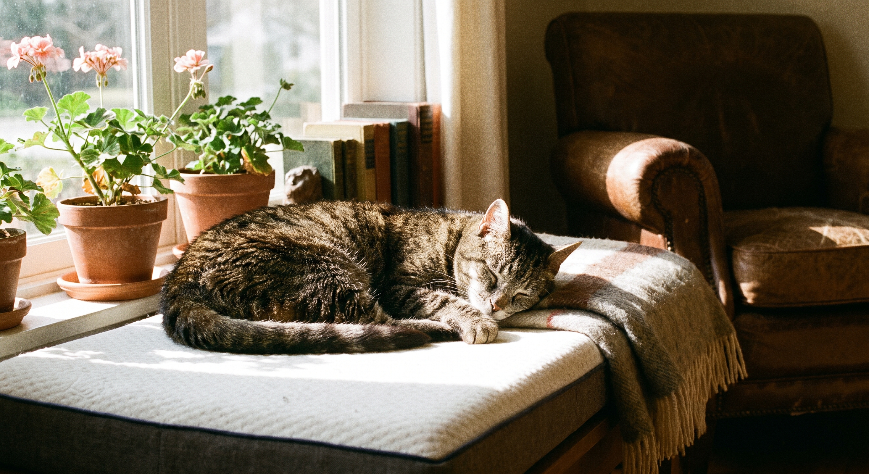 Senior grey tabby cat on a plush cream bed