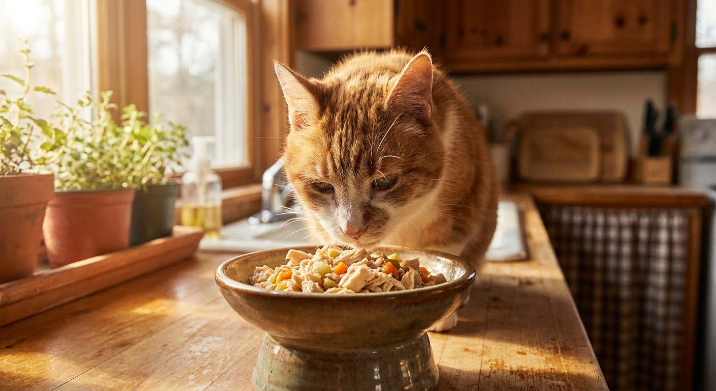 Senior cat food bowl with wet food and water bowl