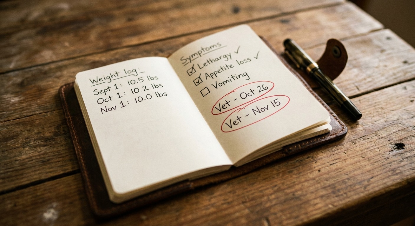 Senior cat health monitoring journal with scale and pen
