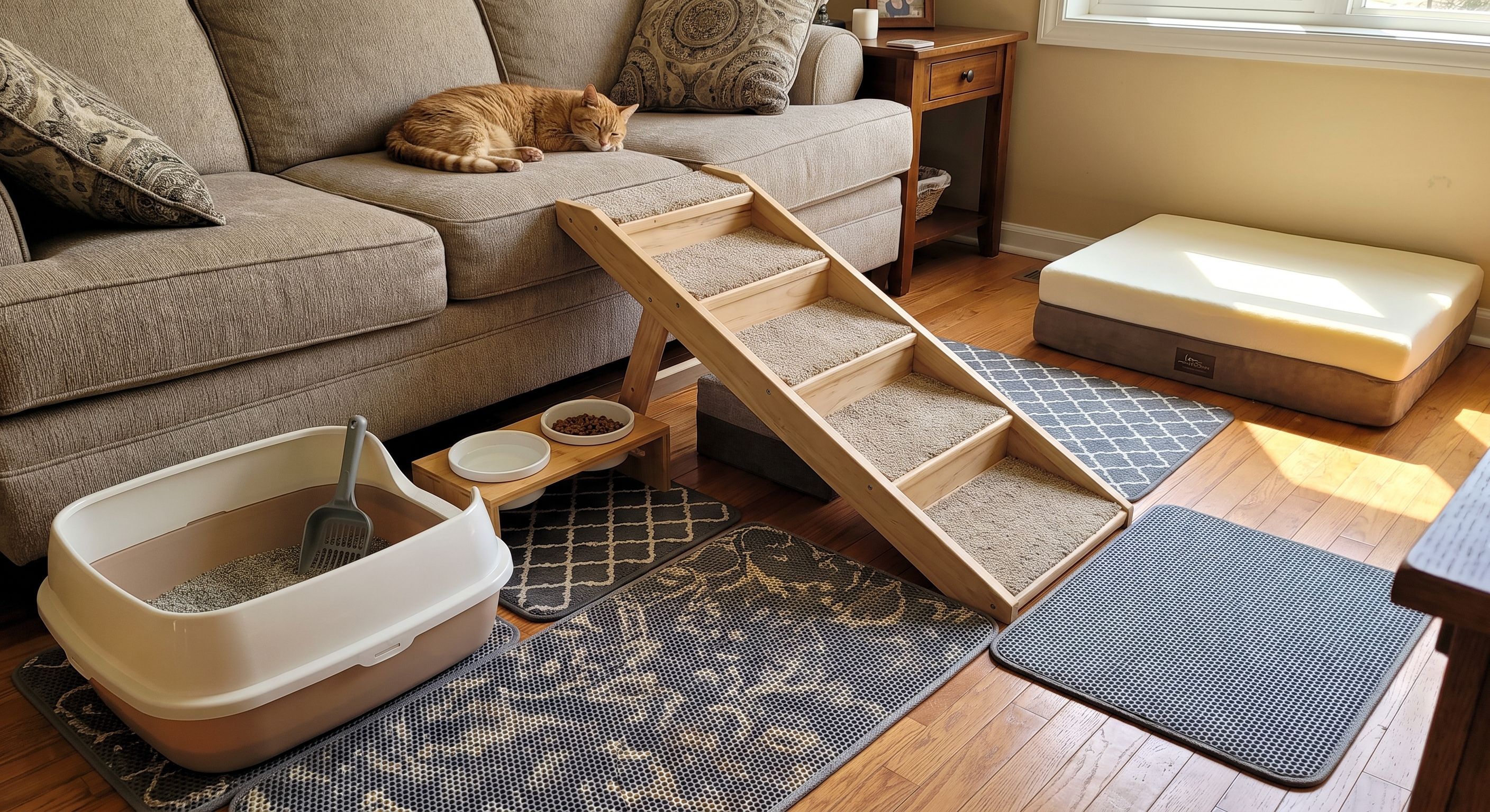 Senior cat using a ramp to access a window perch