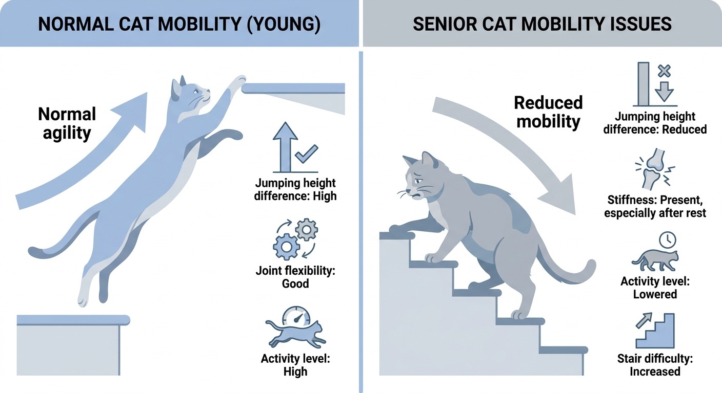 Comparison showing young cat versus senior cat mobility differences infographic