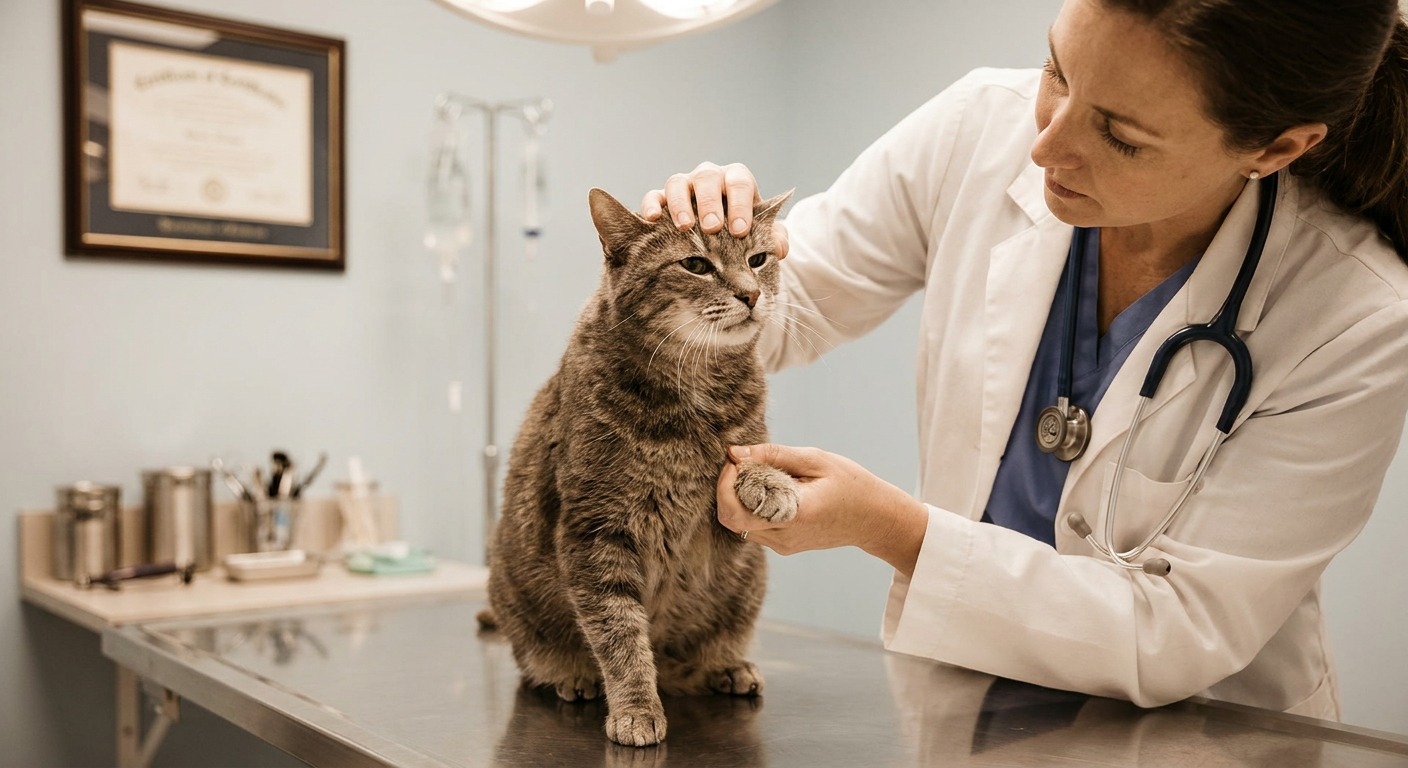 Veterinarian examining a senior cat at a clinic
